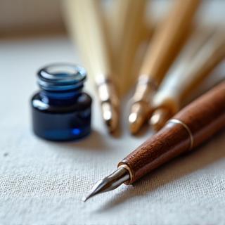 A close-up of delicate quills and handcrafted wooden pen holders, emphasizing natural materials and artisan quality.