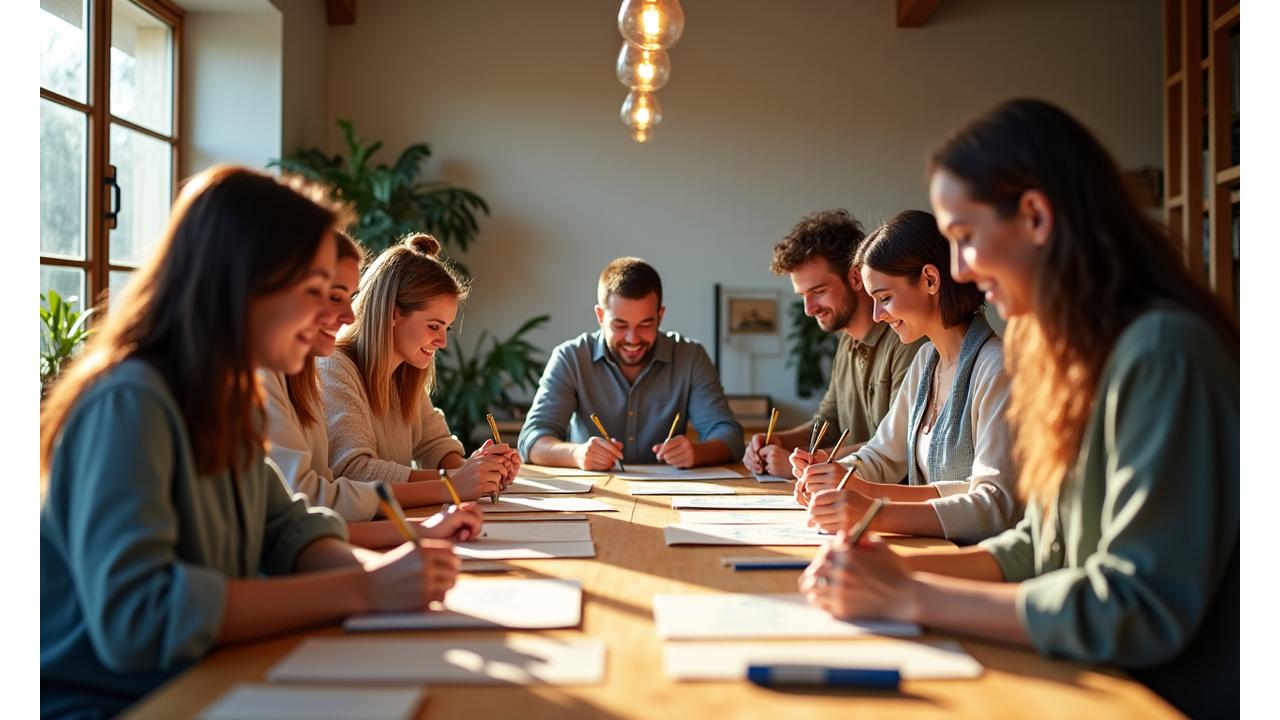 A diverse group of individuals of varying ages and backgrounds gathered around a large table, each focused on their calligraphy practice. The atmosphere is warm, inviting, and collaborative, with soft lighting and natural elements creating a sense of shared purpose and tranquility.