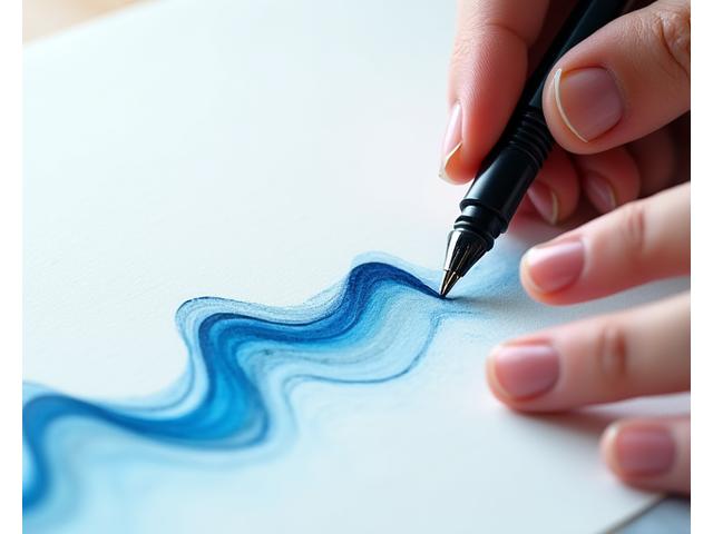 A tranquil overhead shot of a hand holding a calligraphy pen, poised over delicate paper. A subtle graphic overlay shows a gentle breath wave pattern synced with the pen's movement, conveying a sense of calm and regulated breath.