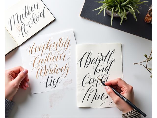 A portfolio of advanced student calligraphic work, featuring various scripts, colors, and possibly mixed media elements, demonstrating diverse artistic expressions.