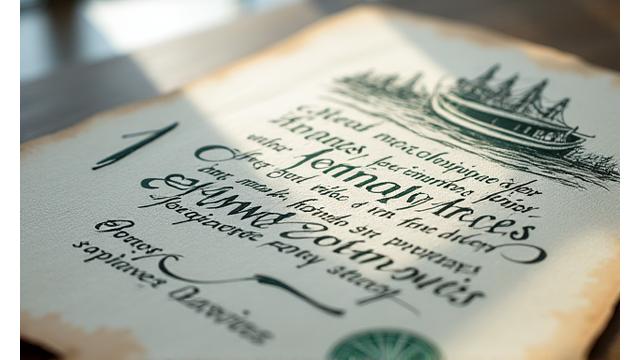 A detailed view of a calligraphic piece by Gareth Davies, featuring an elegant passage accompanied by a subtle, intricate drawing of a fishing lure or a sailing ship element.