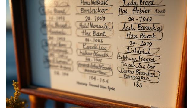 A multi-generational fishing-themed calligraphy piece, possibly incorporating family names, dates, and small fishing motifs, framed in natural wood.