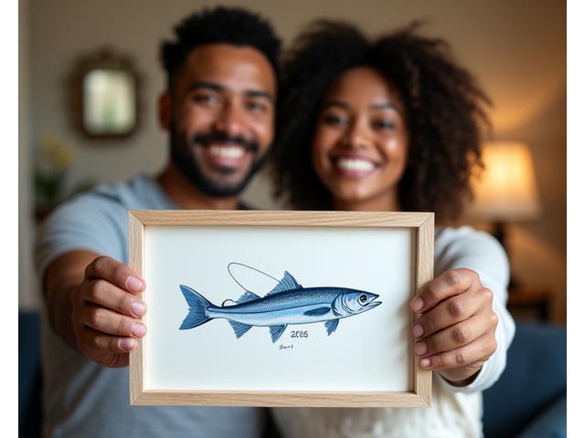 A beautifully framed calligraphy piece featuring a wedding date and a fishing motif, held by a smiling couple.