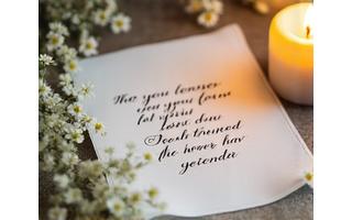 Softly lit calligraphed remembrance poem on vellum, surrounded by delicate white flowers and a single flickering candle