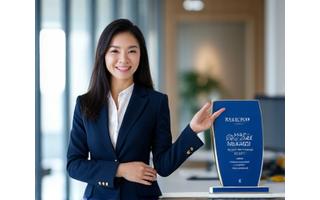 Sarah Chen, a professional HR Manager, smiling beside a tasteful corporate award with intricate calligraphy