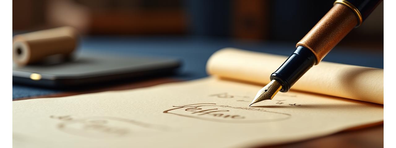 Close-up of a vintage brass calligraphy pen resting on a neatly rolled scroll of legal paper, depicting fairness and detail.